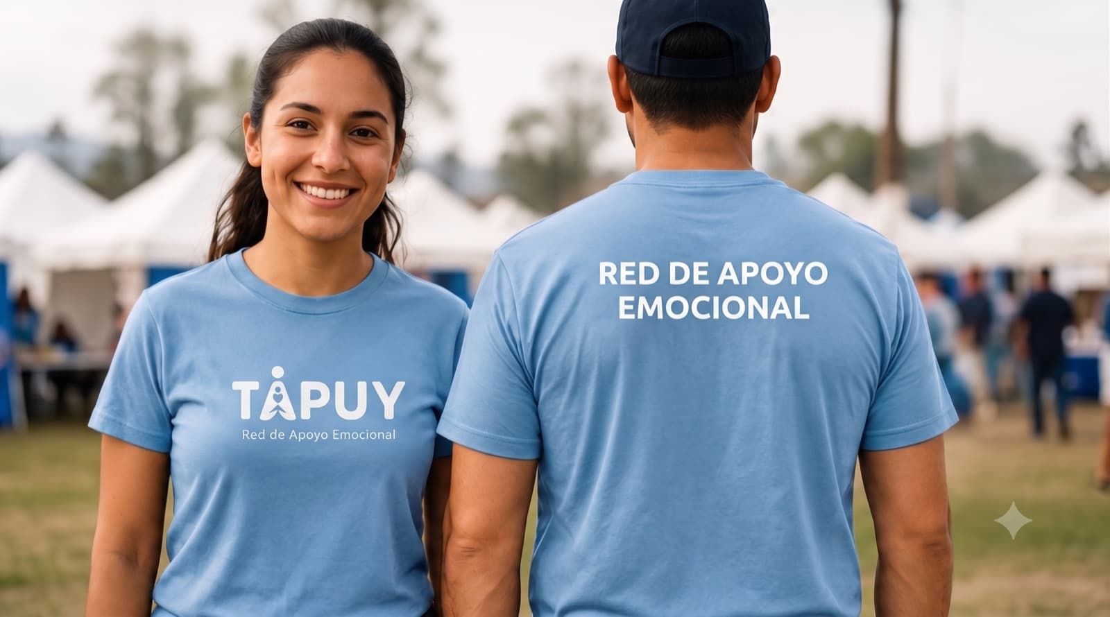 Voluntarios de Tapuy con camisa oficial azul durante una brigada presencial